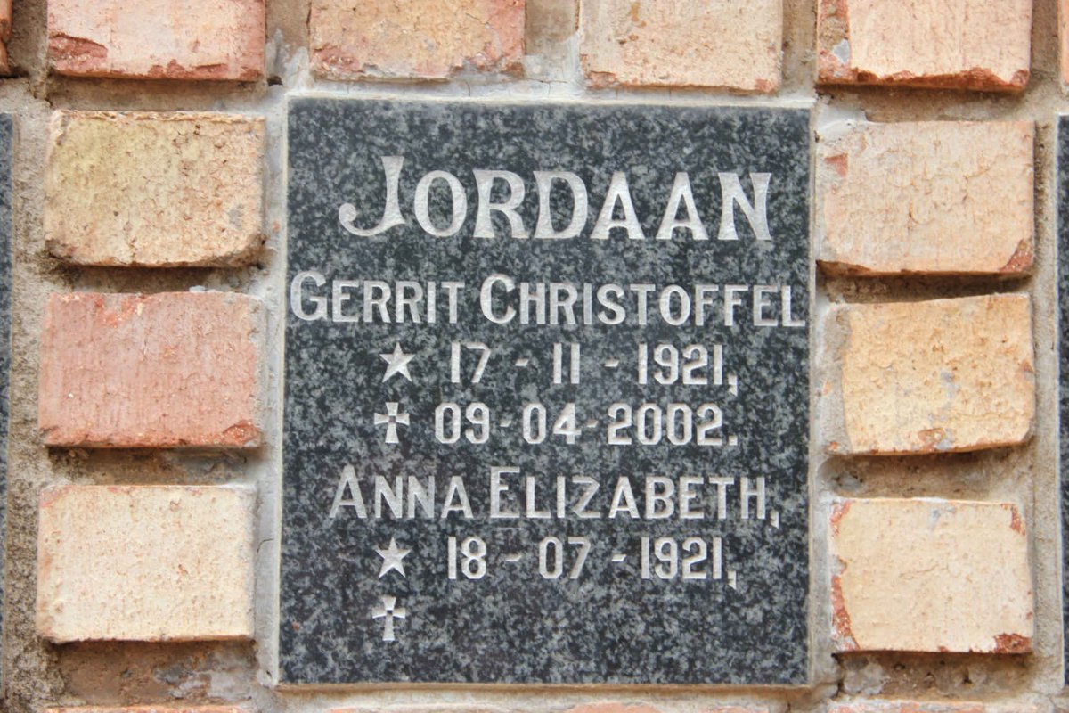 JORDAAN Gerrit Christoffel 1921-2002 &amp; Anna Elizabeth 1921-