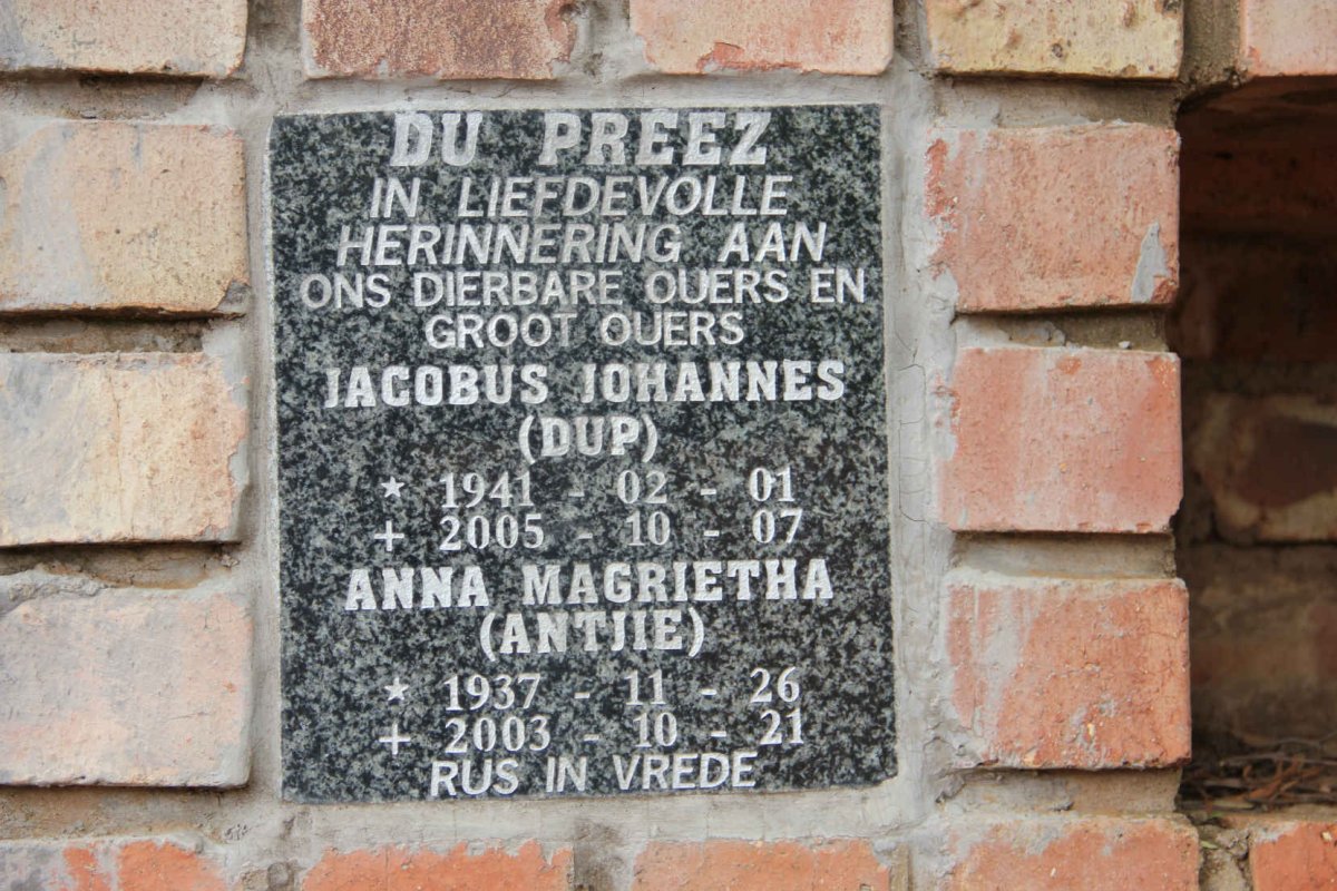PREEZ Jacobus Johannes, du 1941-2005 &amp; Anna Magrietha 1937-2003