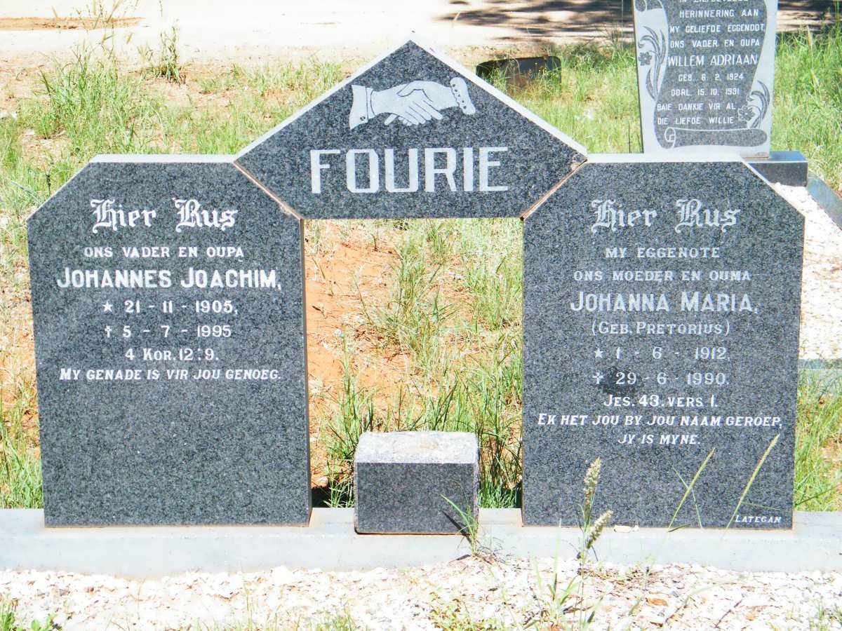 FOURIE Johannes Joachim 1905-1995 &amp; Johanna Maria PRETORIUS 1912-1990