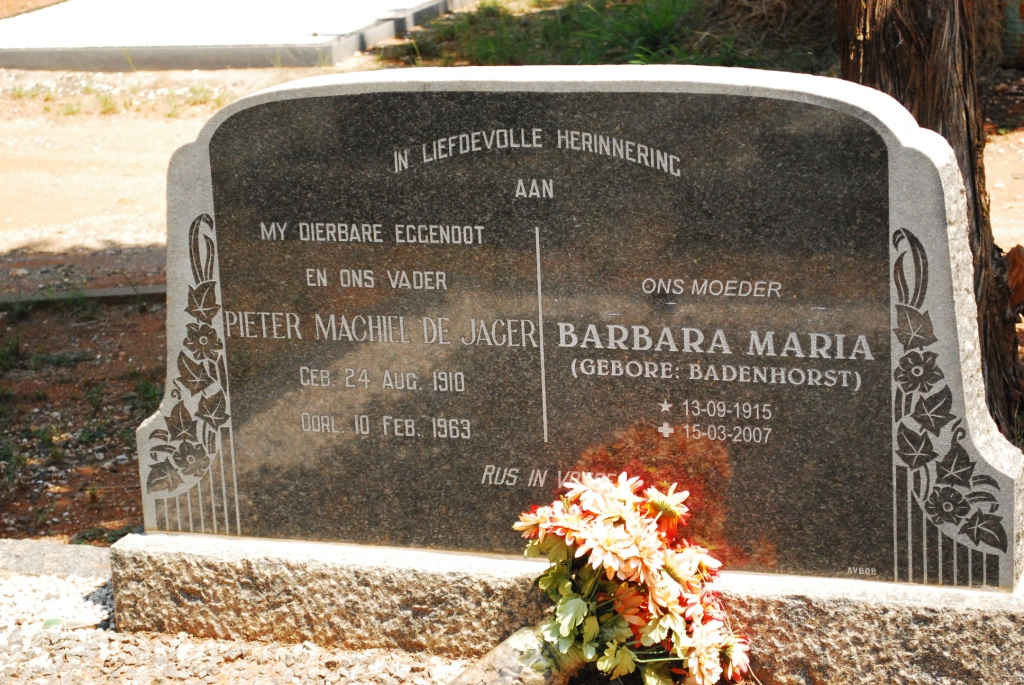 JAGER Pieter Machill, de 1910-1963 &amp; Barbara Maria BADENHORST 1915-2007