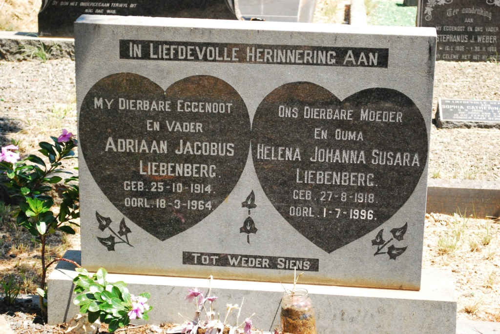 LIEBENBERG Adriaan Jacobus 1914-1964 &amp; Helena Johanna Susara 1918-1996