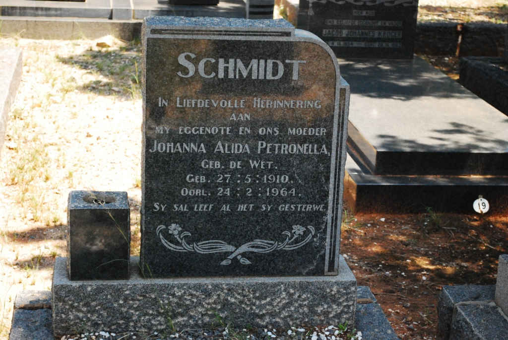 SCHMIDT Johanna Alida Petronella nee DE WET 1910-1964