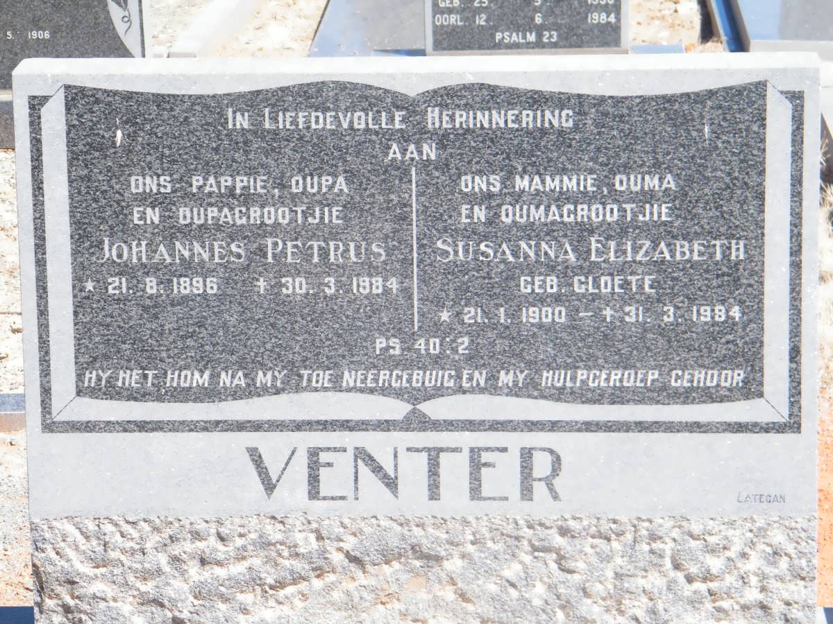 VENTER Johannes Petrus 1896-1984 &amp; Susanna Elizabeth CLOETE 1900-1984