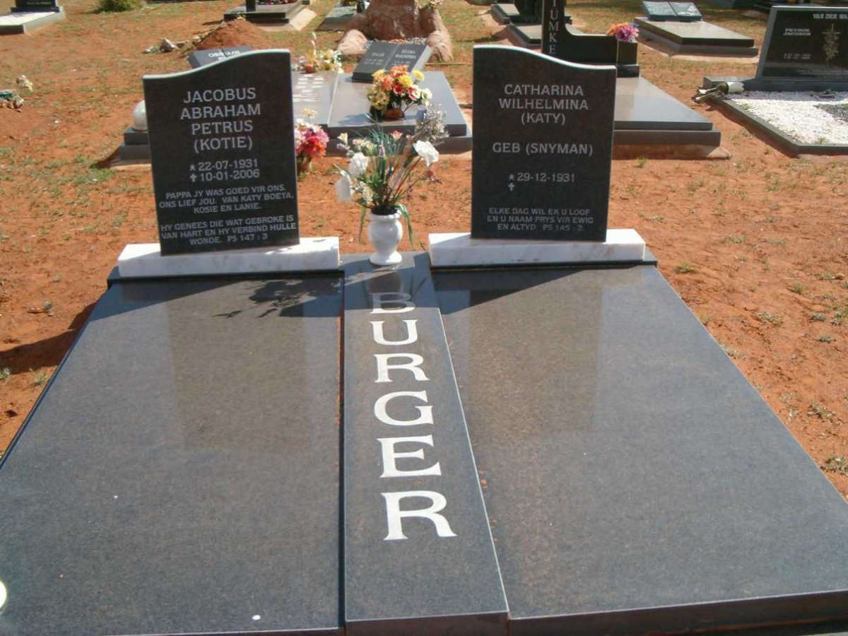 BURGER Jacobus Abraham Petrus 1931-2006 &amp; Catharina Wilhelmina SNYMAN 1931-