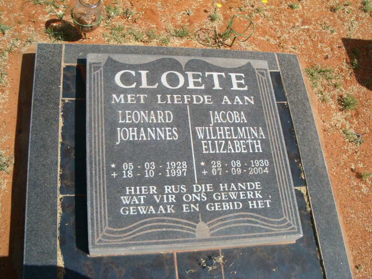 CLOETE Leonard Johannes 1928-1997 &amp; Jacoba Wilhelmina Elizabeth 1930-2004