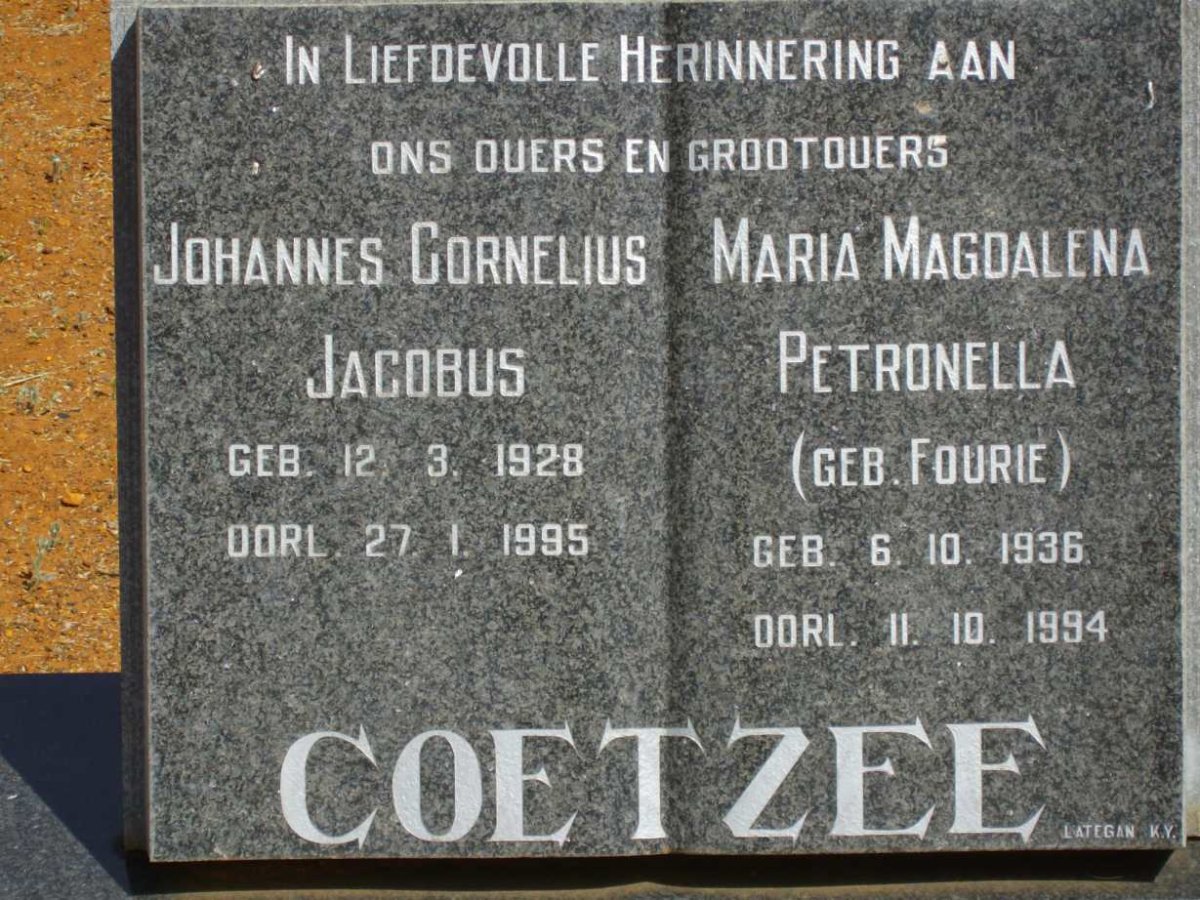 COETZEE Johannes Cornelius Jacobus 1928-1995 &amp; Maria Magdalena Petronella FOURIE 1936-1994