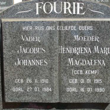 FOURIE Jacobus Johannes 1910-1984 &amp; Hendriena Maria Magdalena KEMP 1915-1990