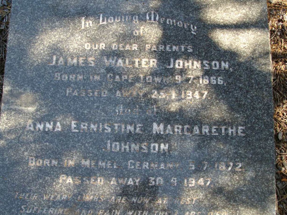 JOHNSON James Walter 1866-1947 &amp; Anna Ernestine Margarethe 1872-1947