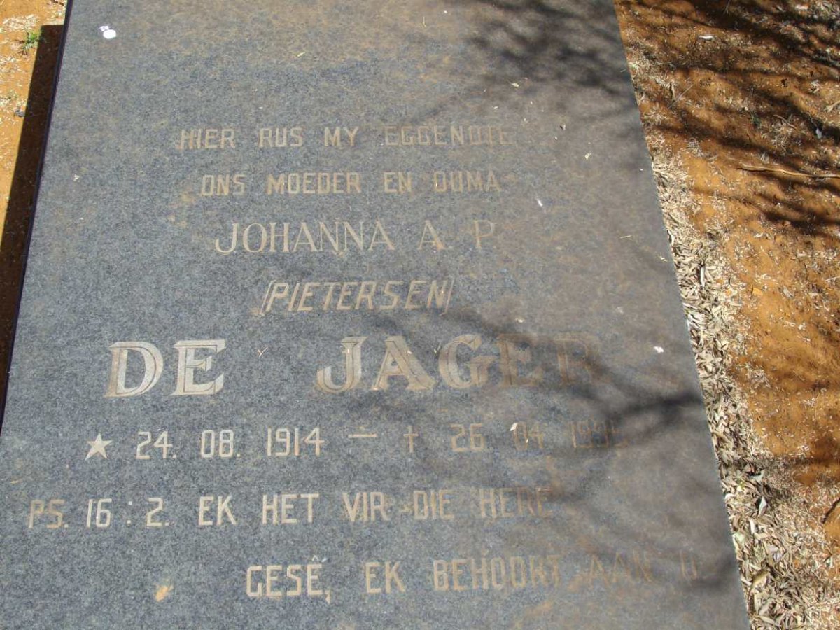 JAGER Johanna A.P., de nee PIETERSEN 1914-1995