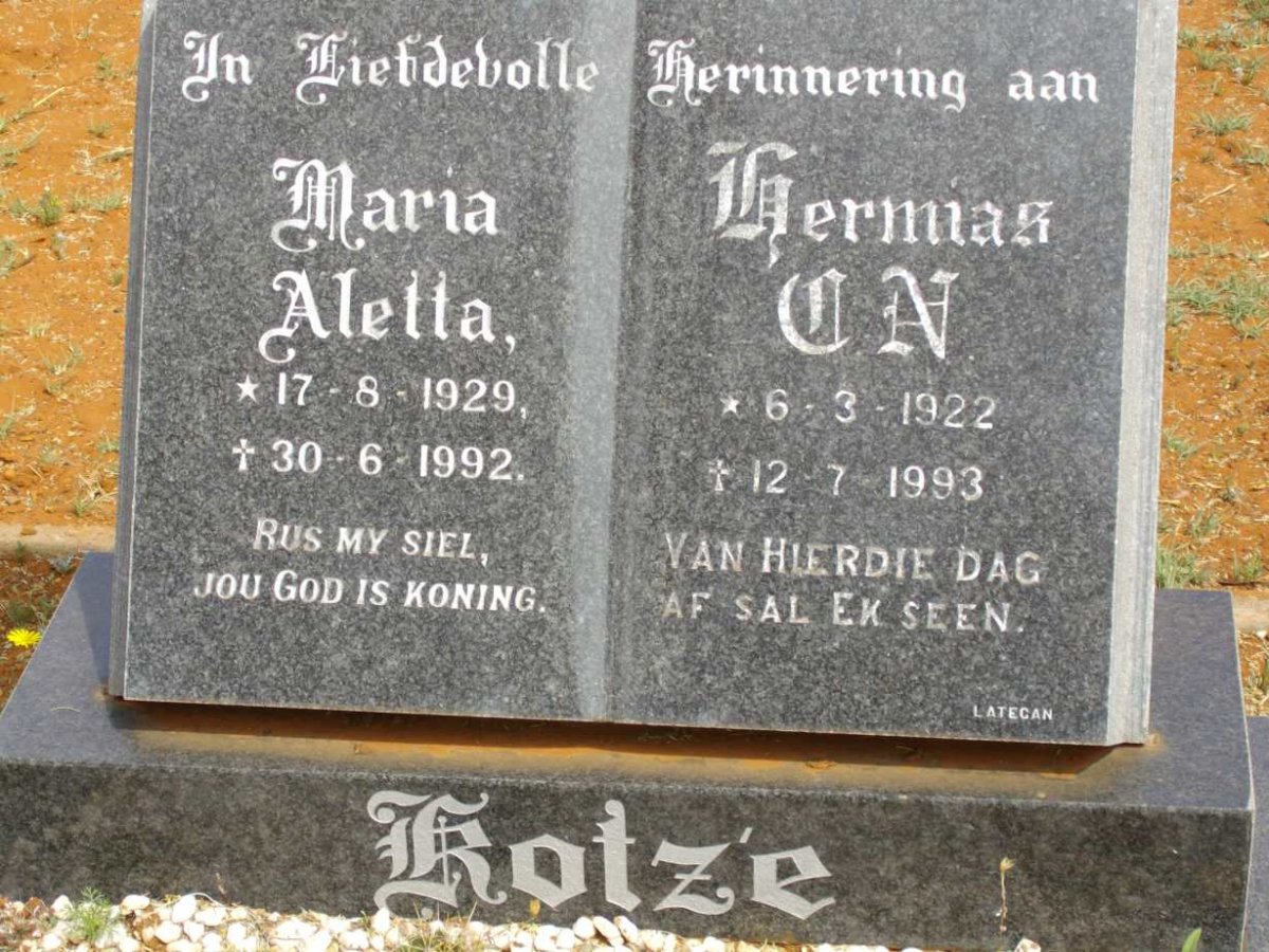 KOTZE Hermias C.N. 1922-1993 &amp; Maria Aletta 1929-1992