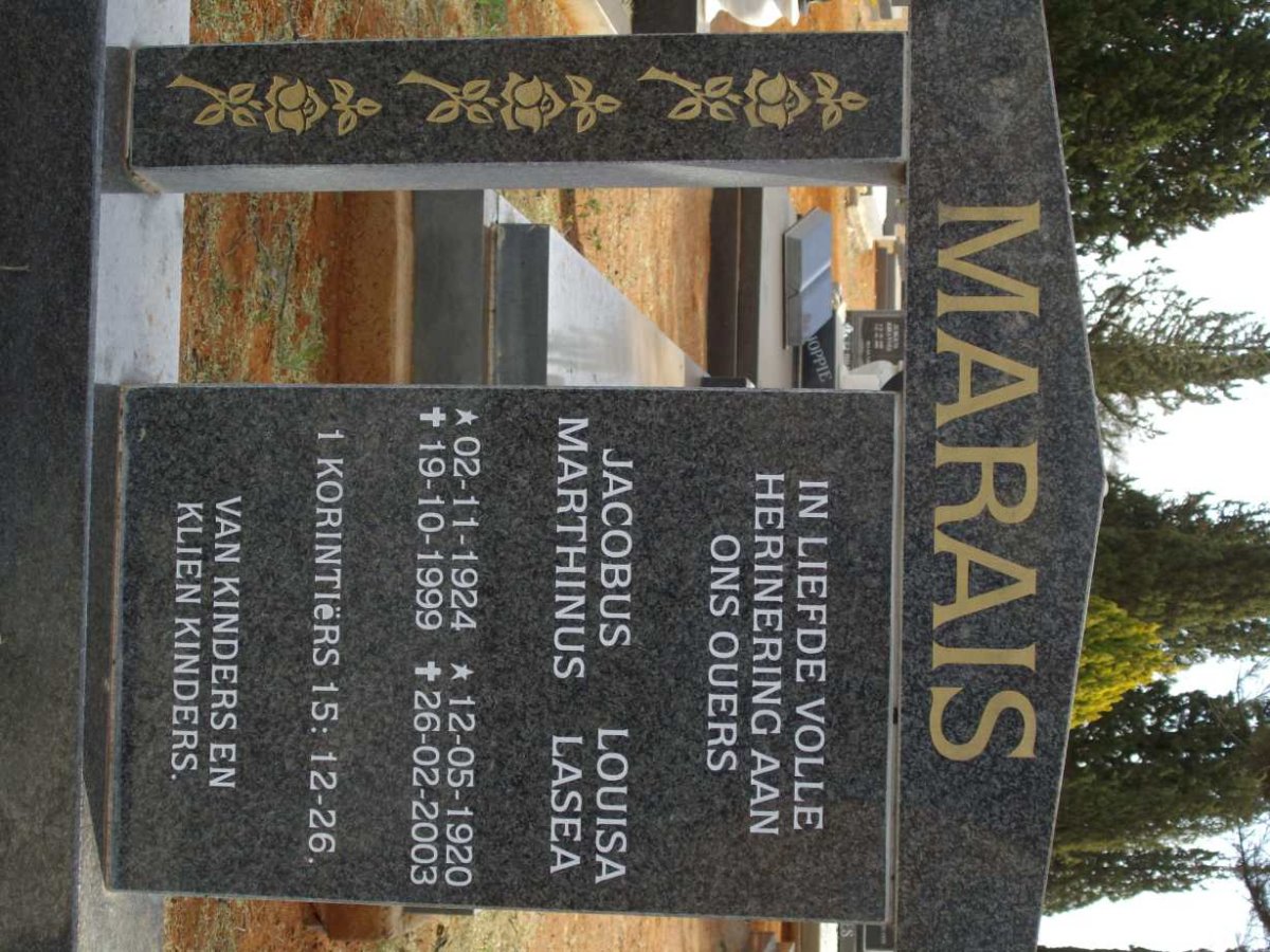 MARAIS Jacobus Marthinus 1924-1999 &amp; Louisa Lasea 1920-2003