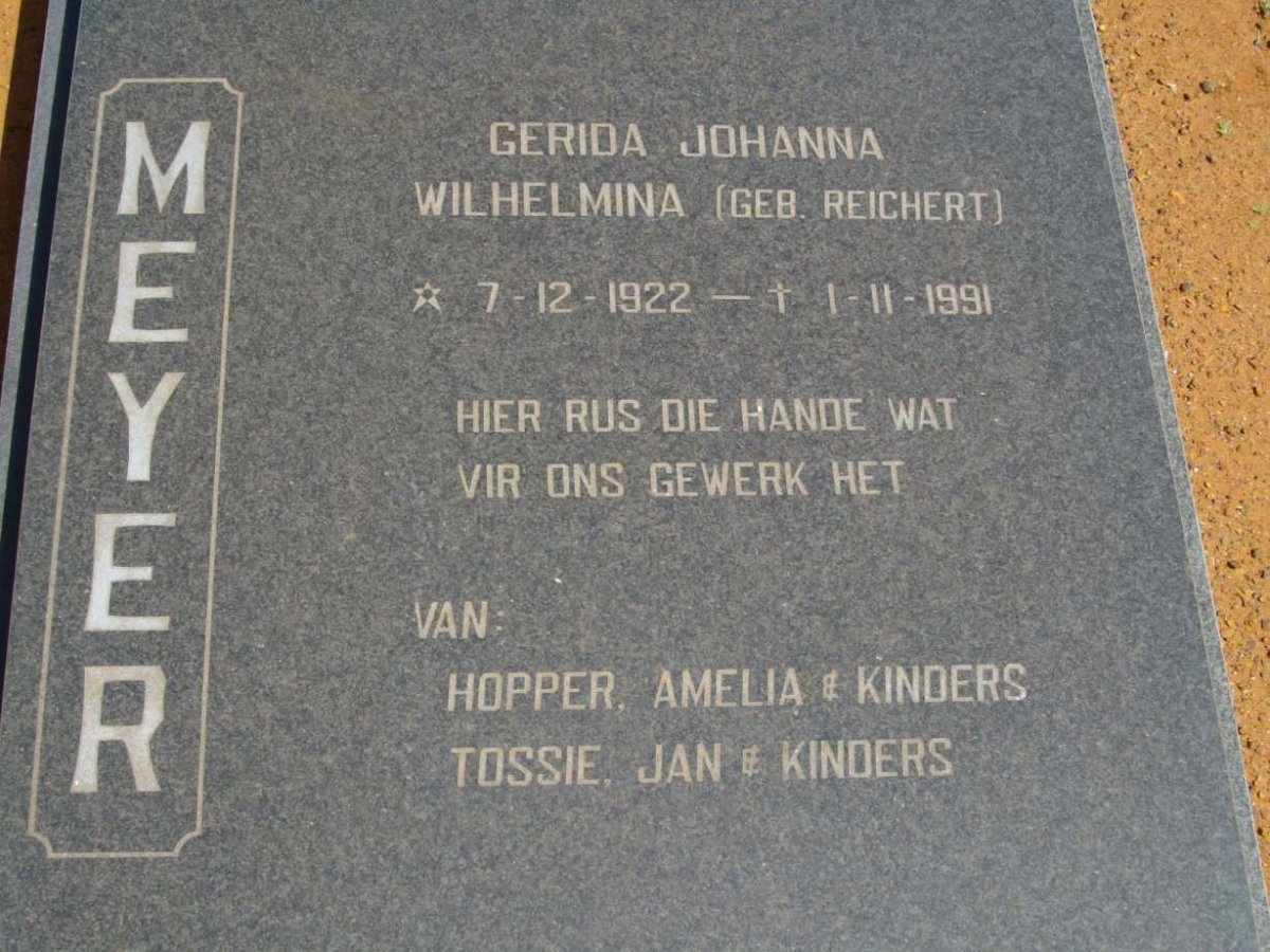 MEYER Gerida Johanna Wilhelmina nee REICHERT 1922-1991