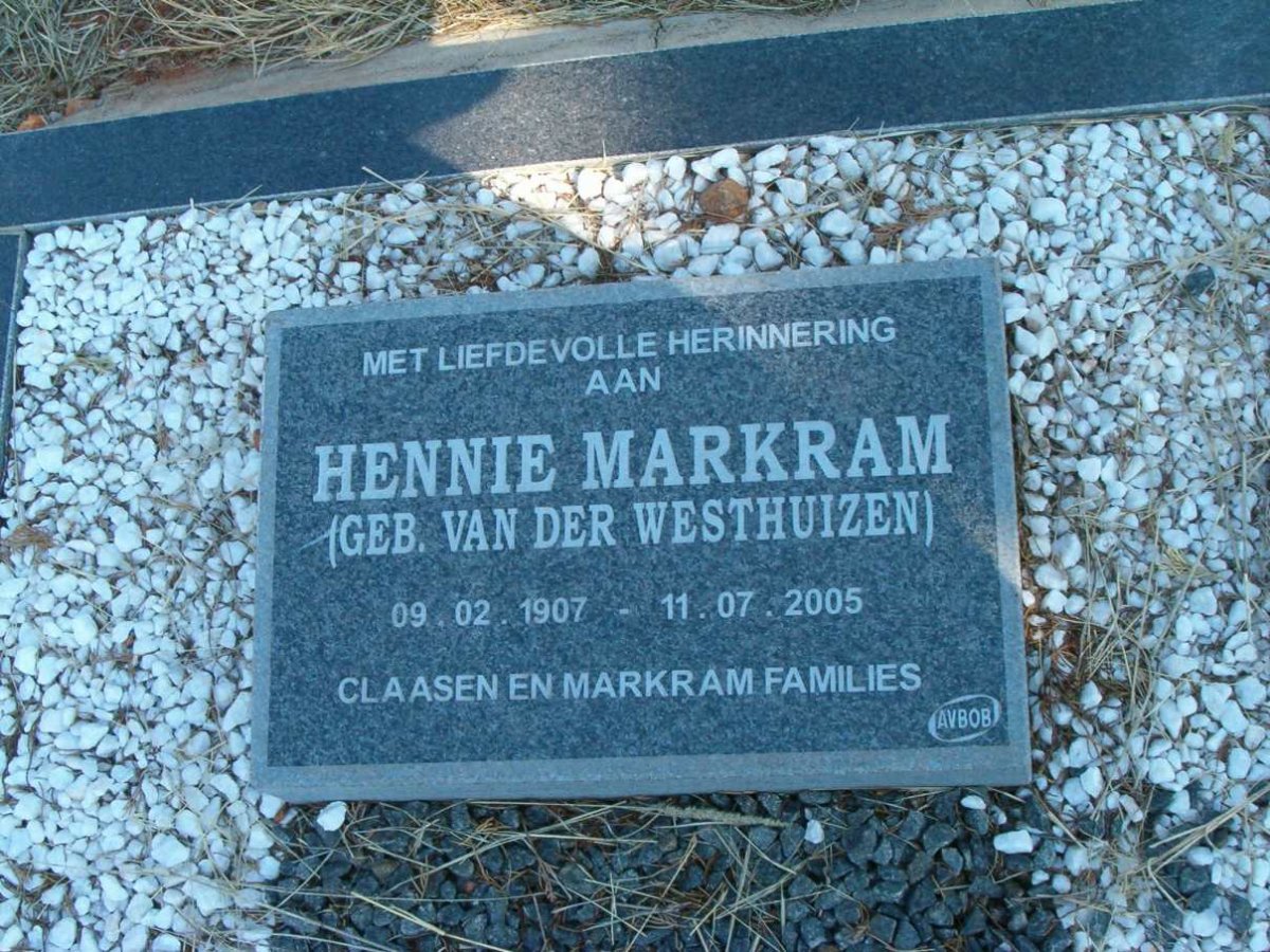 MARKRAM Hennie nee VAN DER WESTHUIZEN 1907-2005