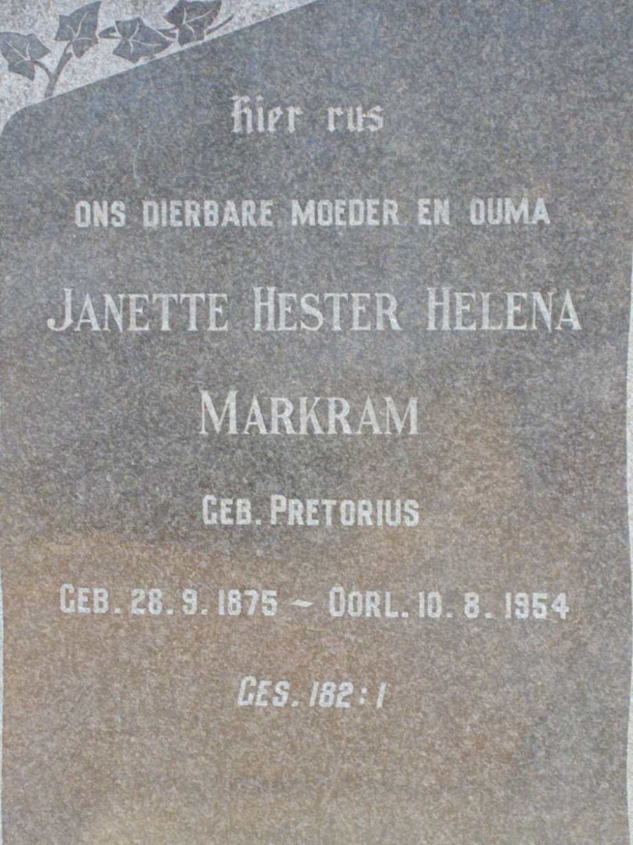 MARKRAM Janette Hester Helena nee PRETORIUS 1875-1954