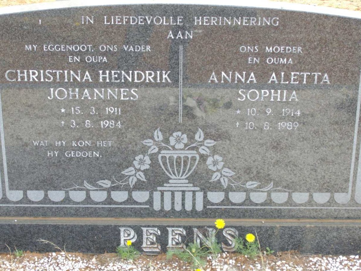 PEENS Christina Hendrik Johannes 1911-1984 &amp; Anna Aletta Sophia 1914-1989