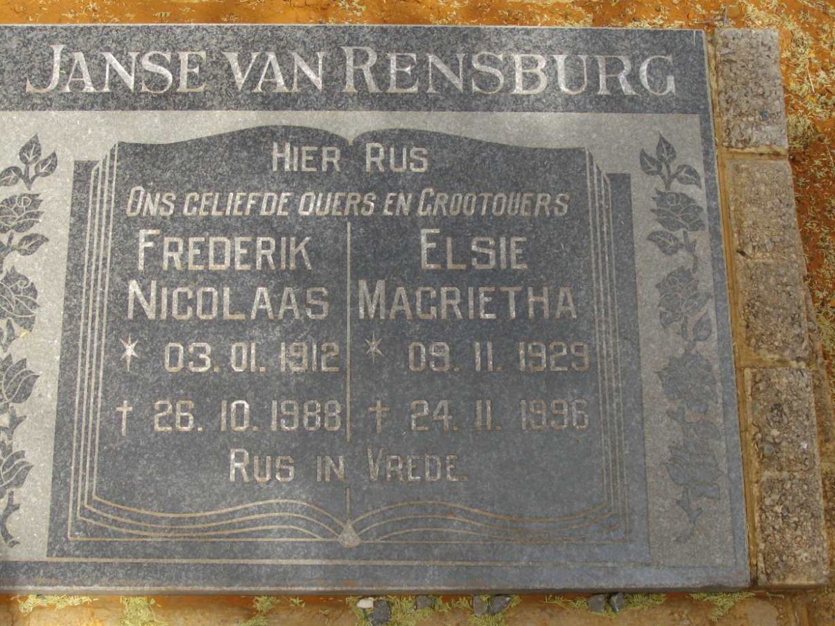 RENSBURG Frederik Nicolaas, Janse van 1912-1988 &amp; Elsie Magrietha 1929-1996
