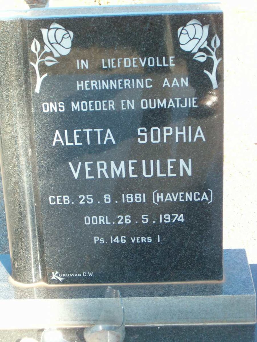 VERMEULEN Aletta Sophia nee HAVENGA 1881-1974