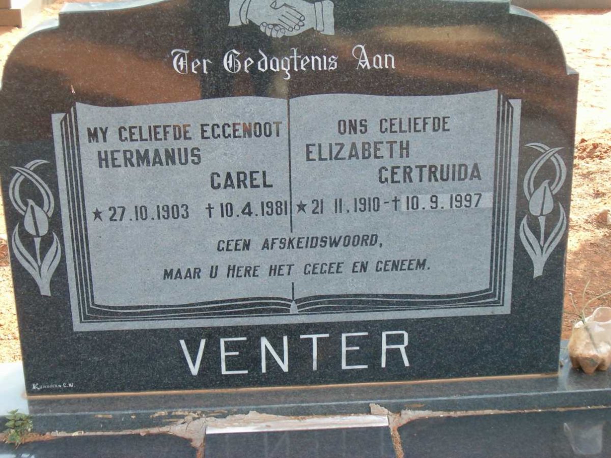 VENTER Hermanus Carel 1903-1981 &amp; Elizabeth Gertruida 1910-1997