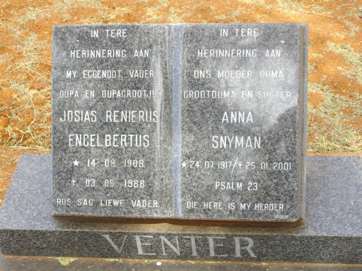 VENTER Josias Renierus Engelbertus 1908-1988 &amp; Anna SNYMAN 1917-2001