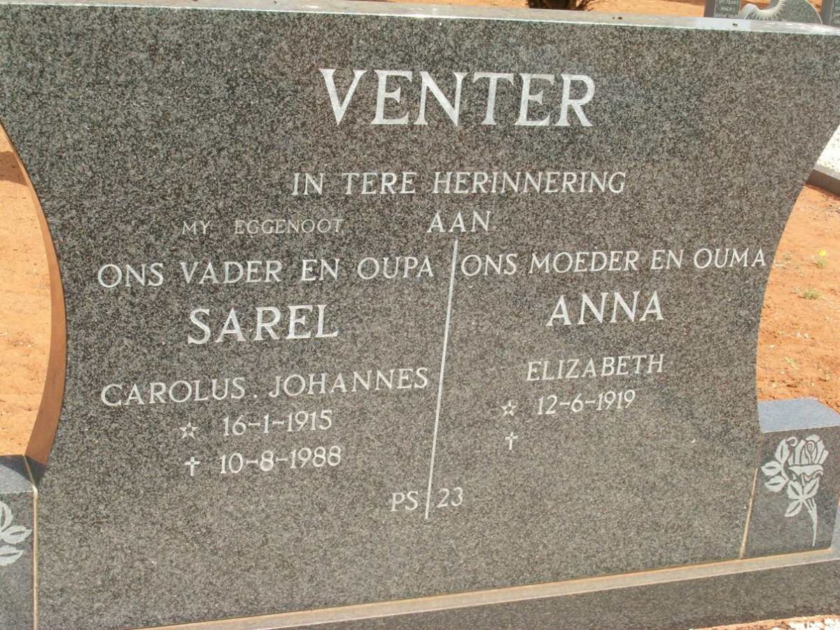 VENTER Sarel Carolus Johannes 1915-1988 &amp; Anna Elizabeth 1919-