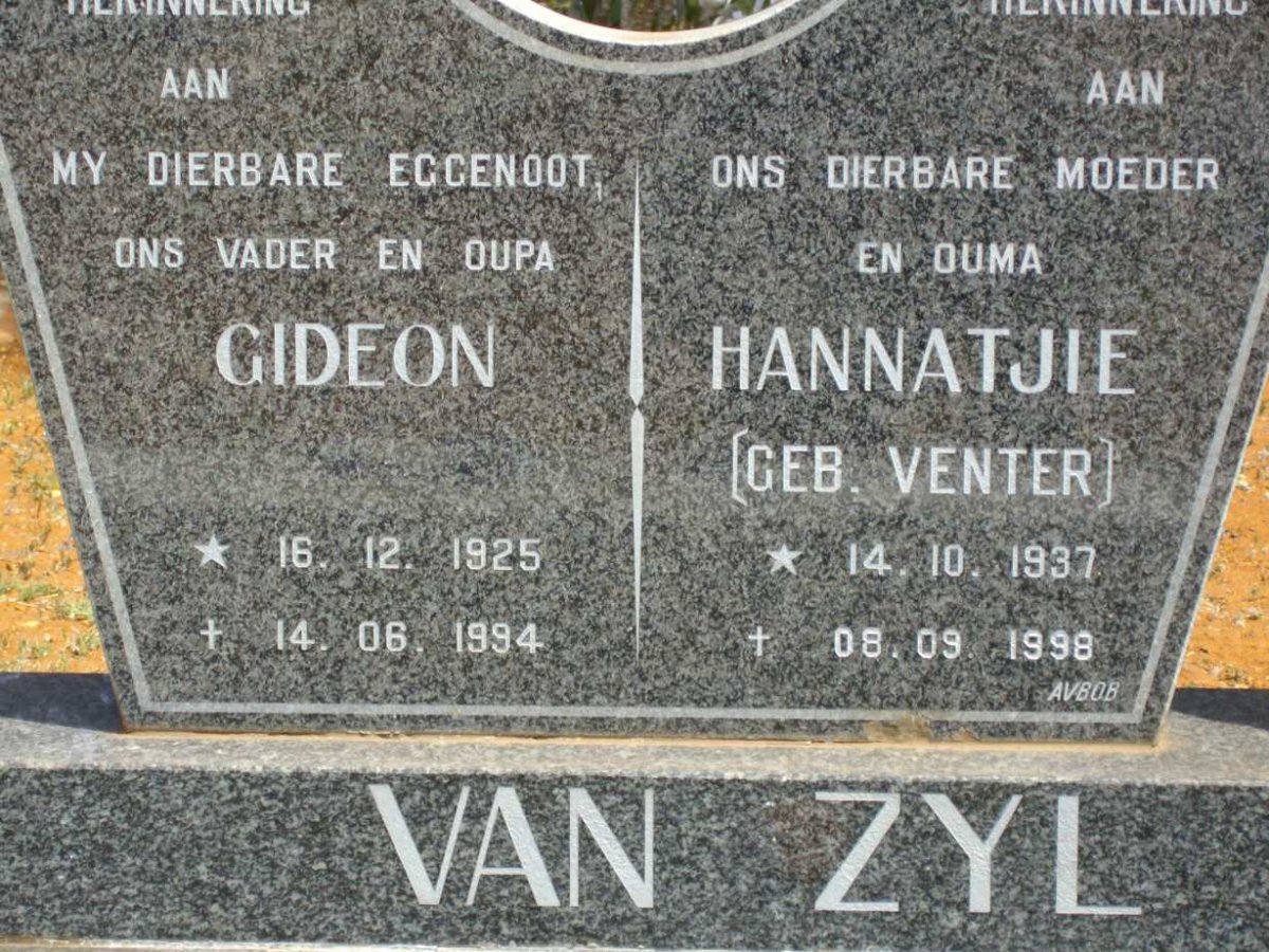ZYL Gideon, van 1925-1994 &amp; Hannatjie VENTER 1937-1998