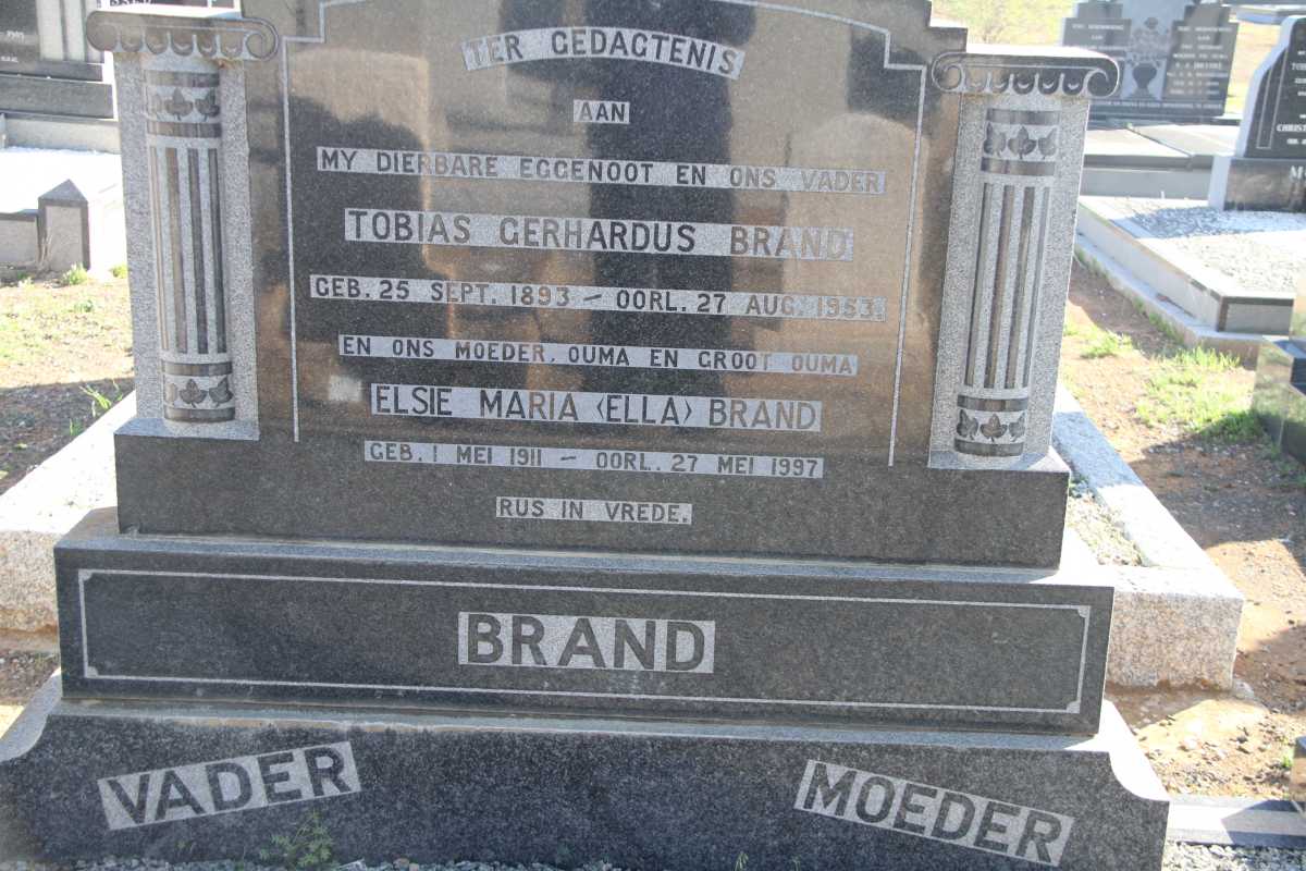 BRAND Tobias Gerhardus 1893-1953 &amp; Elsie Maria 1911-1997