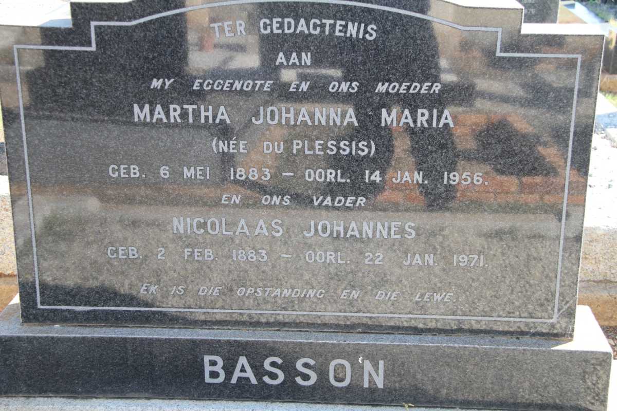 BASSON Nicolaas Johannes 1883-1971 &amp; Martha Johanna Maria DU PLESSIS 1883-1956