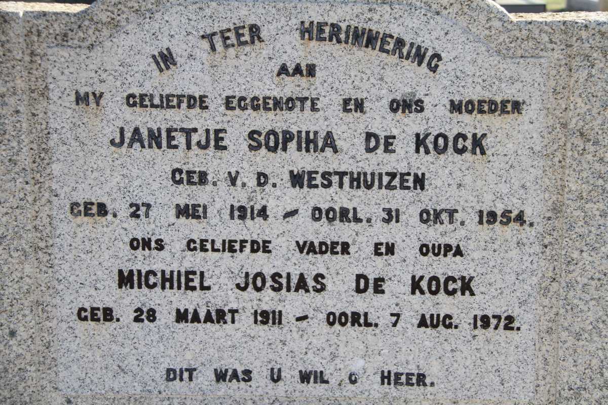 KOCK Michiel Josias, de 1911-1972 &amp; Janetje Sophia V.D. WESTHUIZEN 1914-1954