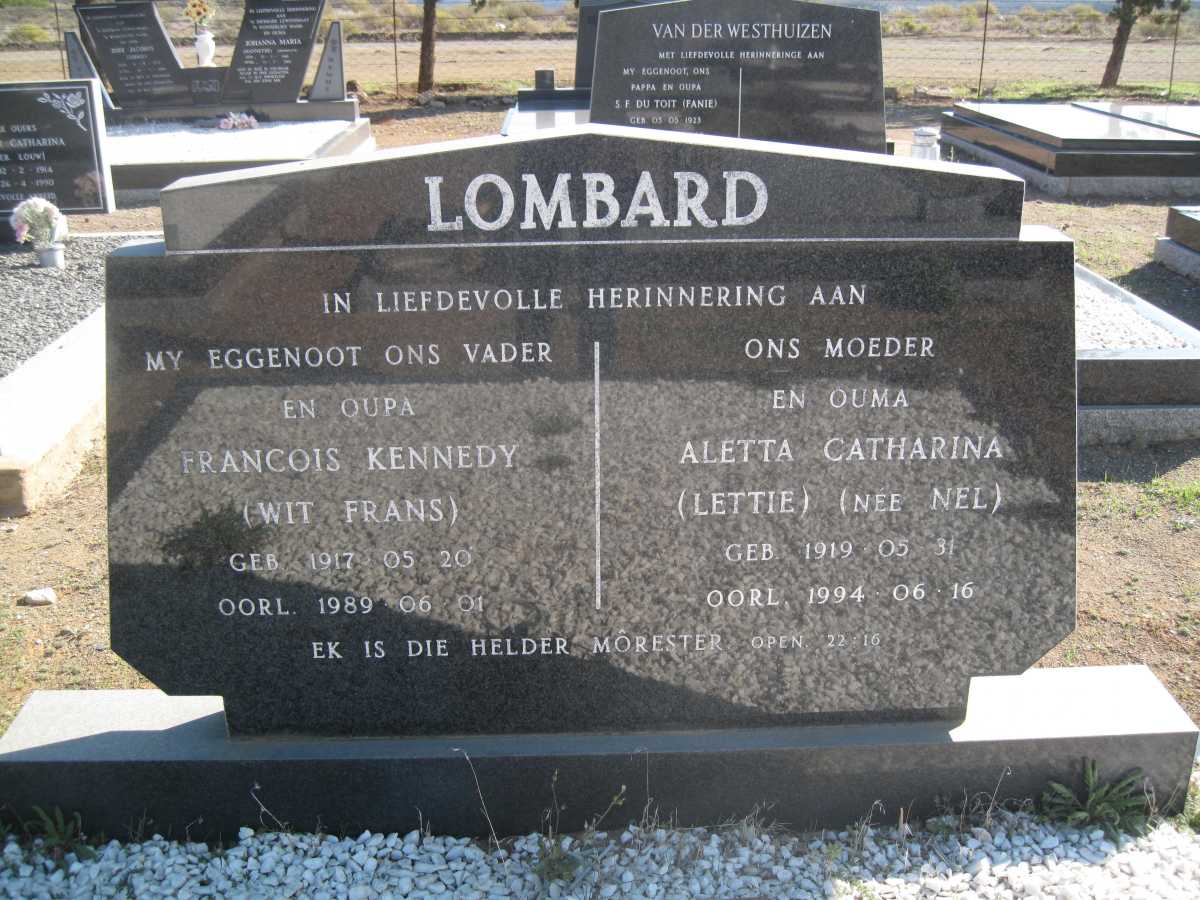 LOMBARD Francois Kennedy 1917-1989 &amp; Aletta Catharina NEL 1919-1994