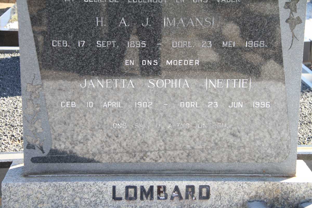 LOMBARD H.A.J. 1895-1968 &amp; Janetta SOPHIA 1902-1996