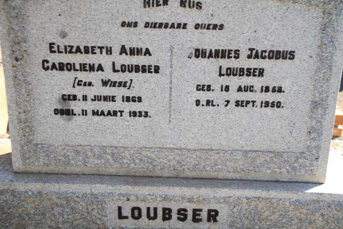 LOUBSER Johannes Jacobus 1858-1950 &amp; Elizabeth Anna Caroliena WIESE 1869-1933