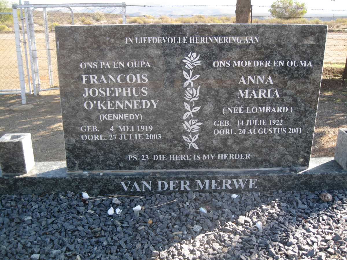 MERWE Francois Josephus O'Kennedy, van der 1919-2003 &amp; Anna Maria LOMBARD 1922-2001