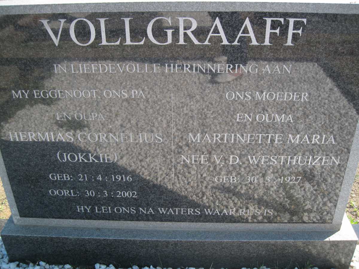 VOLLGRAAFF Hermias Cornelius 1916-2002 &amp; Martinette Maria V.D. WESTHUIZEN 1927-