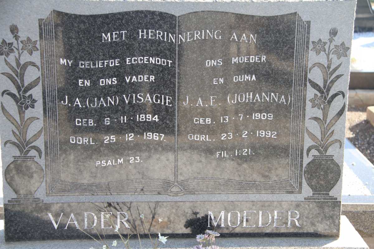 VISAGIE J.A. 1894-1967 &amp; J.A.E. 1909-1992