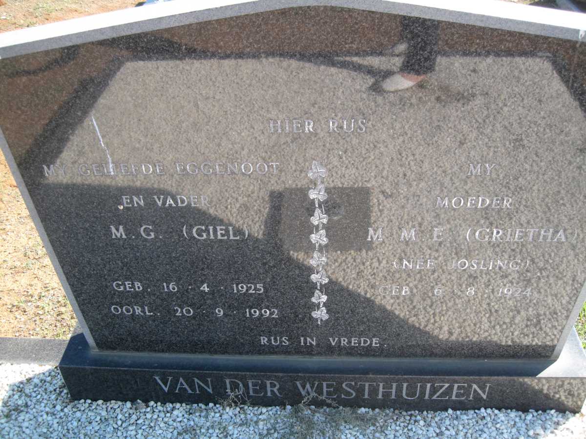 WESTHUIZEN M.G., van der 1925-1992 &amp; M.M.E. JOSLING 1924-
