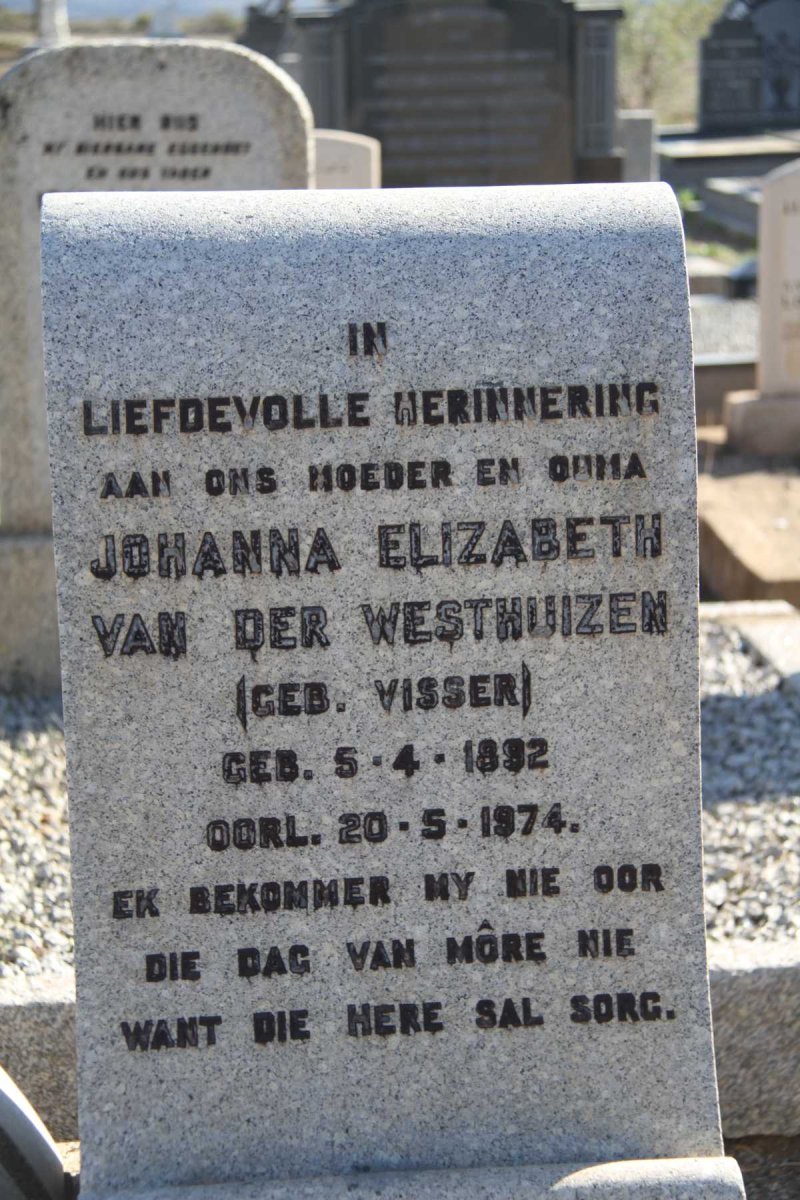 WESTHUIZEN Johanna Elizabeth, van der nee VISSER 1892-1974