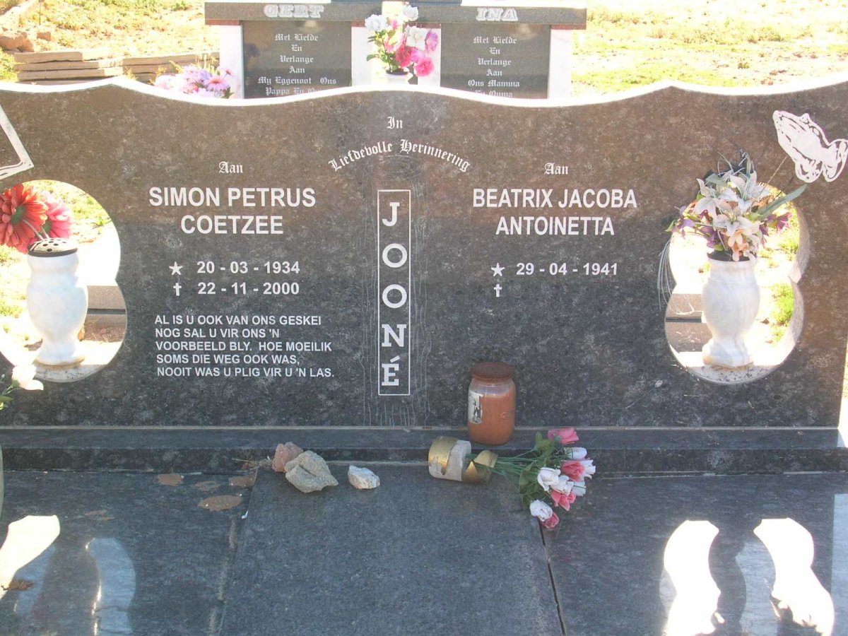 JOONE Simon Petrus Coetzee 1934-2000 &amp; Beatrix Jacoba Antoinetta 1941-
