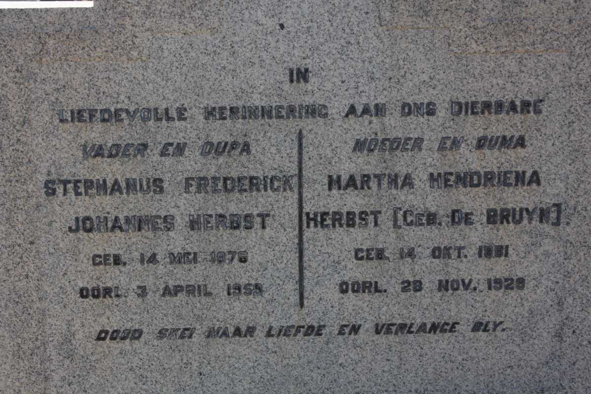 HERBST Stephanus Frederick 1879-1959 &amp; Martha Hendriena DE BRUYN 1881-1929