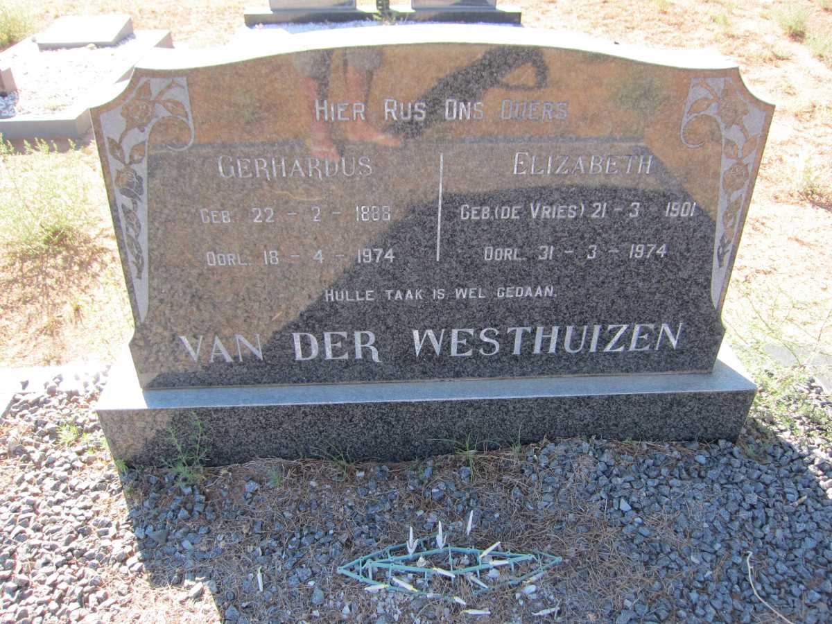 WESTHUIZEN Gerhardus, van der 1888-1974 &amp; Elizabeth DE VRIES 1901-1974