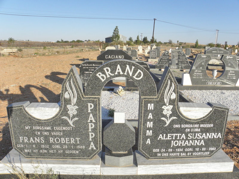 BRAND Frans Robert 1932-1989 &amp; Aletta Susanna Johanna 1934-2003