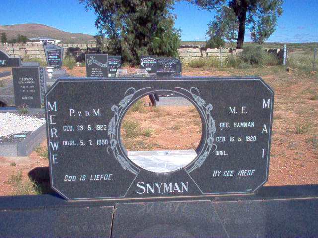SNYMAN P. v.d.M. 1925-1990 &amp; M.E. HAMMAN 1920-