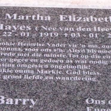 HAYES Martha Elizabeth nee VAN DEN HEEVER 1919-2007