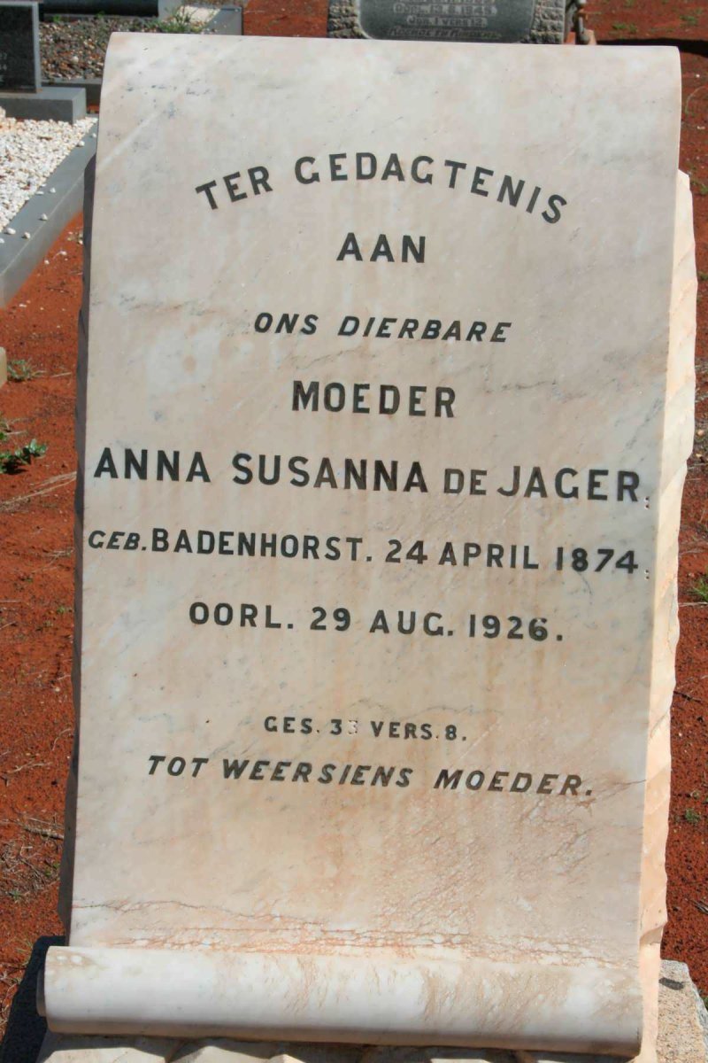 JAGER Anna Susanna, de nee BADENHORST 1874-1926