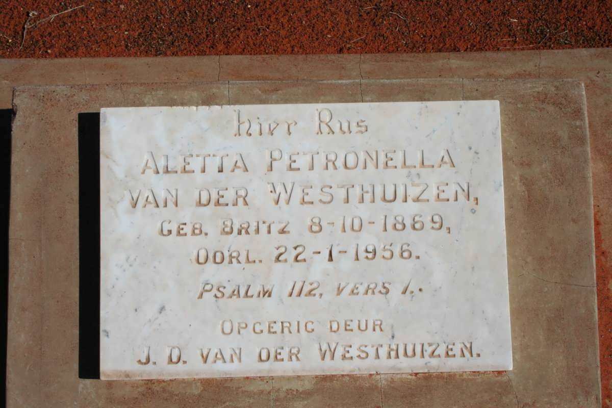WESTHUIZEN Aletta Petronella, van der nee BRITZ 1869-1956