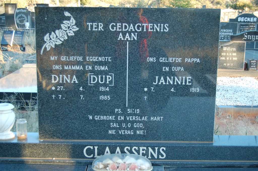 CLAASSENS Jannie 1919- &amp; Dina 1914-1985