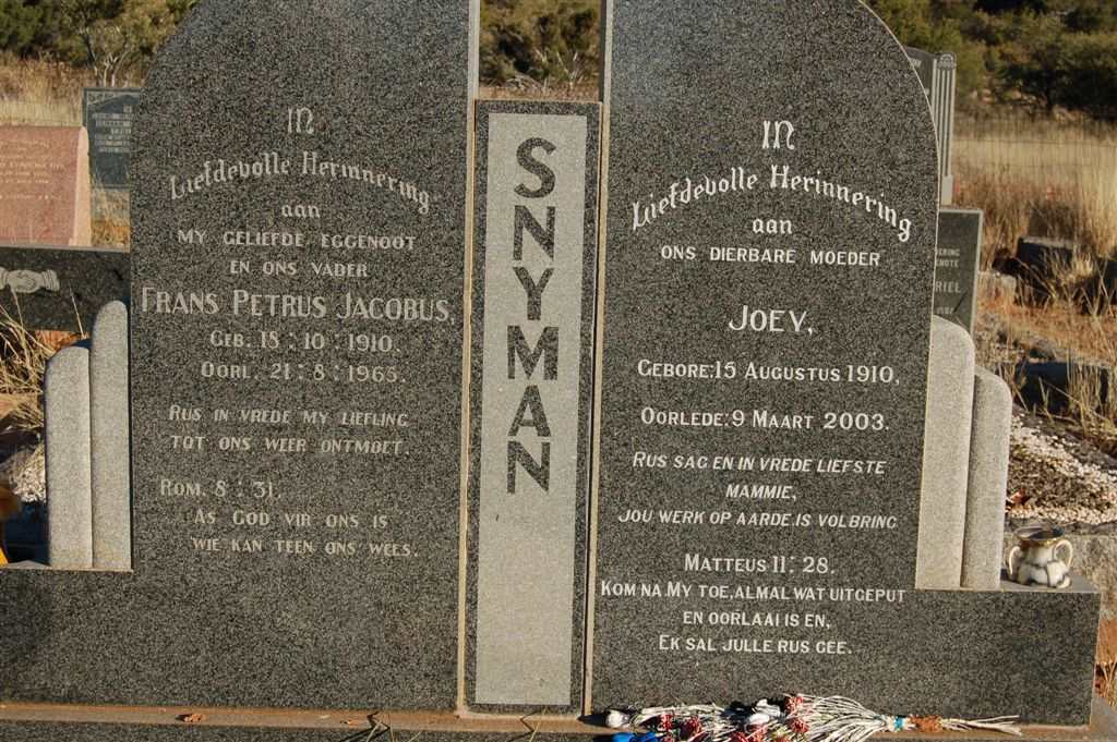 SNYMAN Frans Petrus Jacobus 1910-1965 &amp; Joey 1910-2003