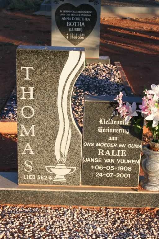 THOMAS Ralie nee JANSE VAN VUUREN 1908-2001