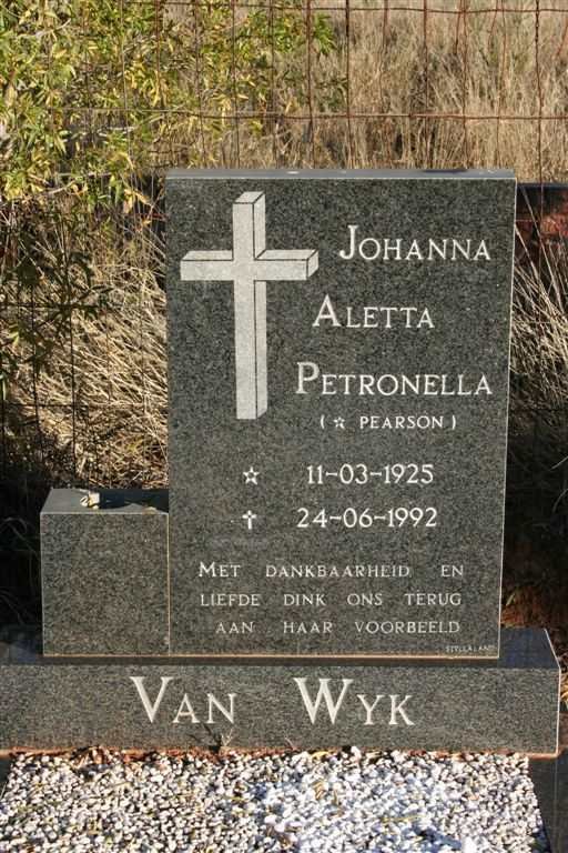 WYK Johanna Aletta Petronella, van nee PEARSON 1925-1992
