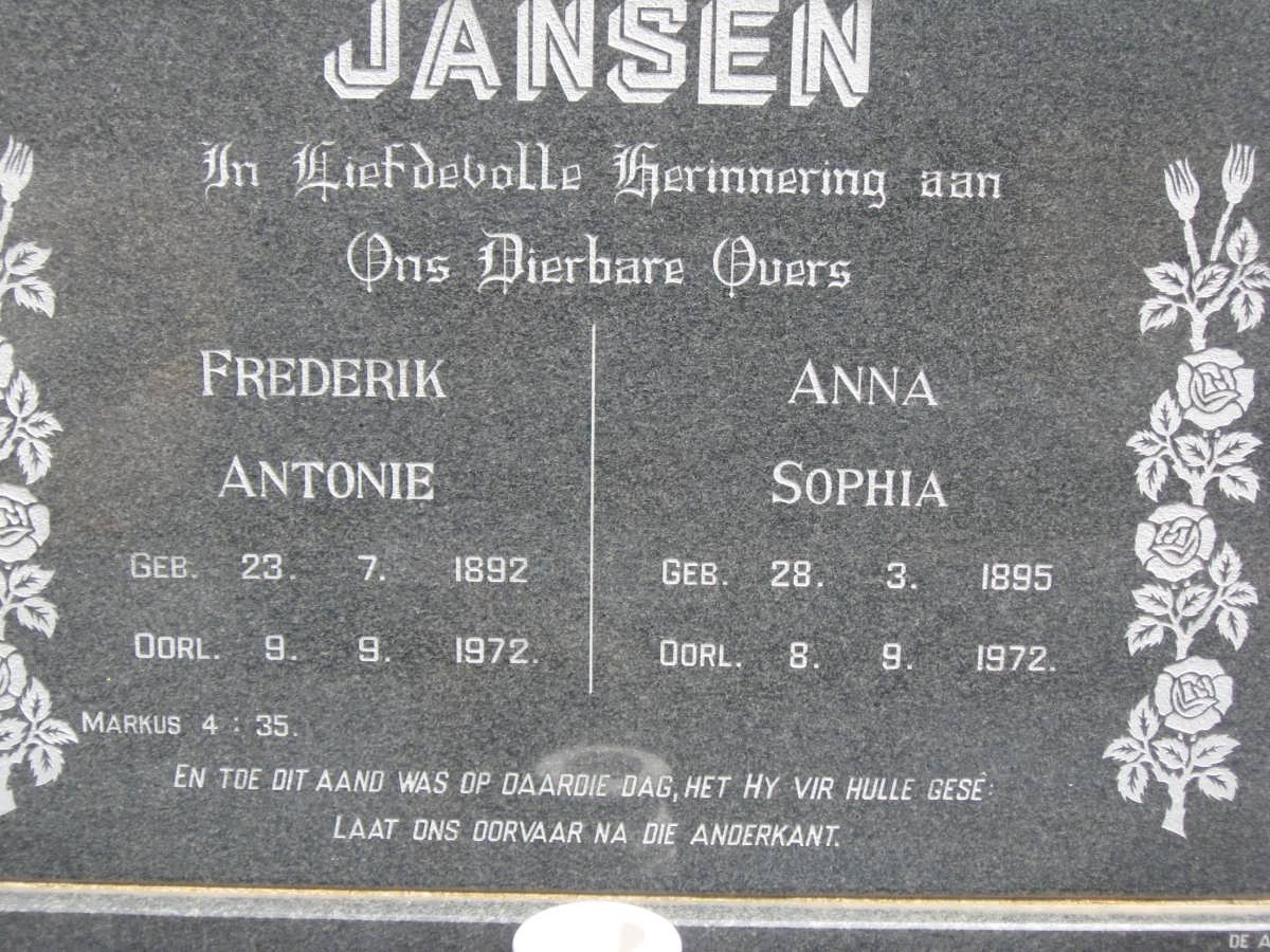 JANSEN Frederik Antonie 1892-1972 &amp; Anna Sophia 1895-1972
