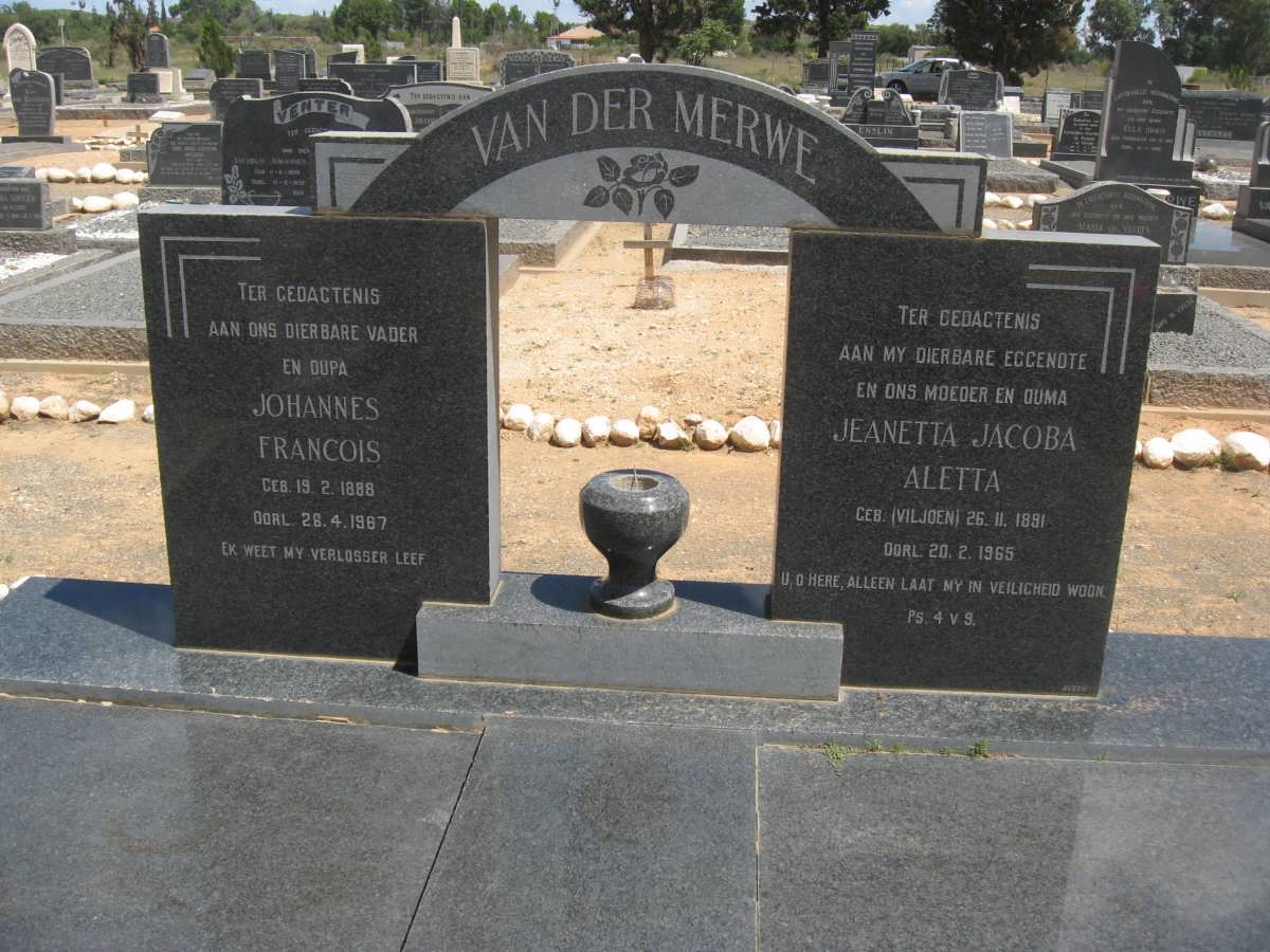 MERWE Johannes Francois, van der 1888-1967 &amp; Jeanetta Jacoba Aletta VILJOEN 1891-1965